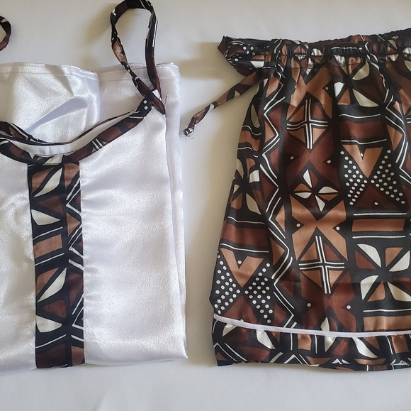 Silk African Print Sleepwear White BLK Brown Size L - Picture 7 of 8